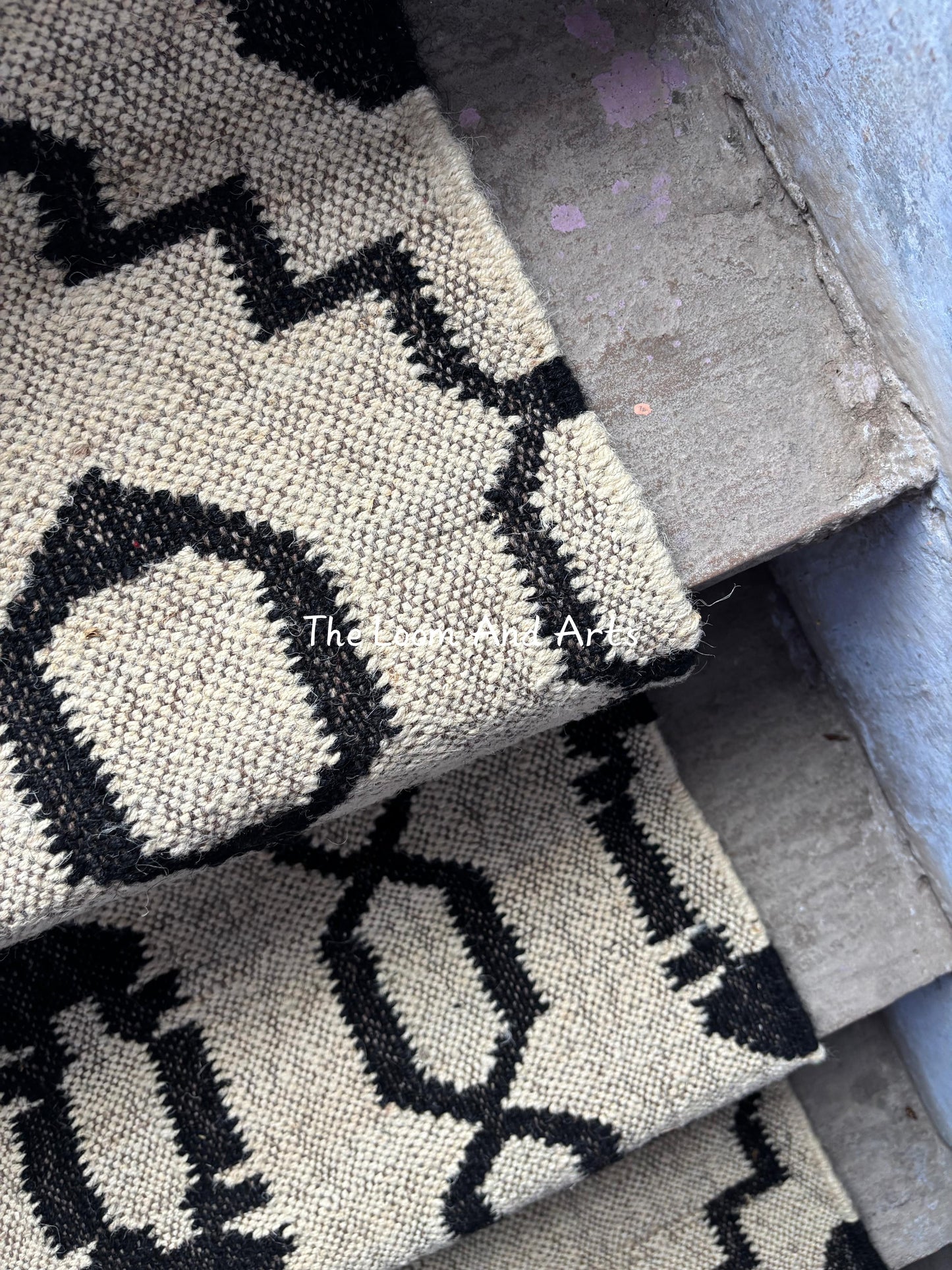 Jute Stair Runner, Black Staircase Rug, Floral Stair Rug