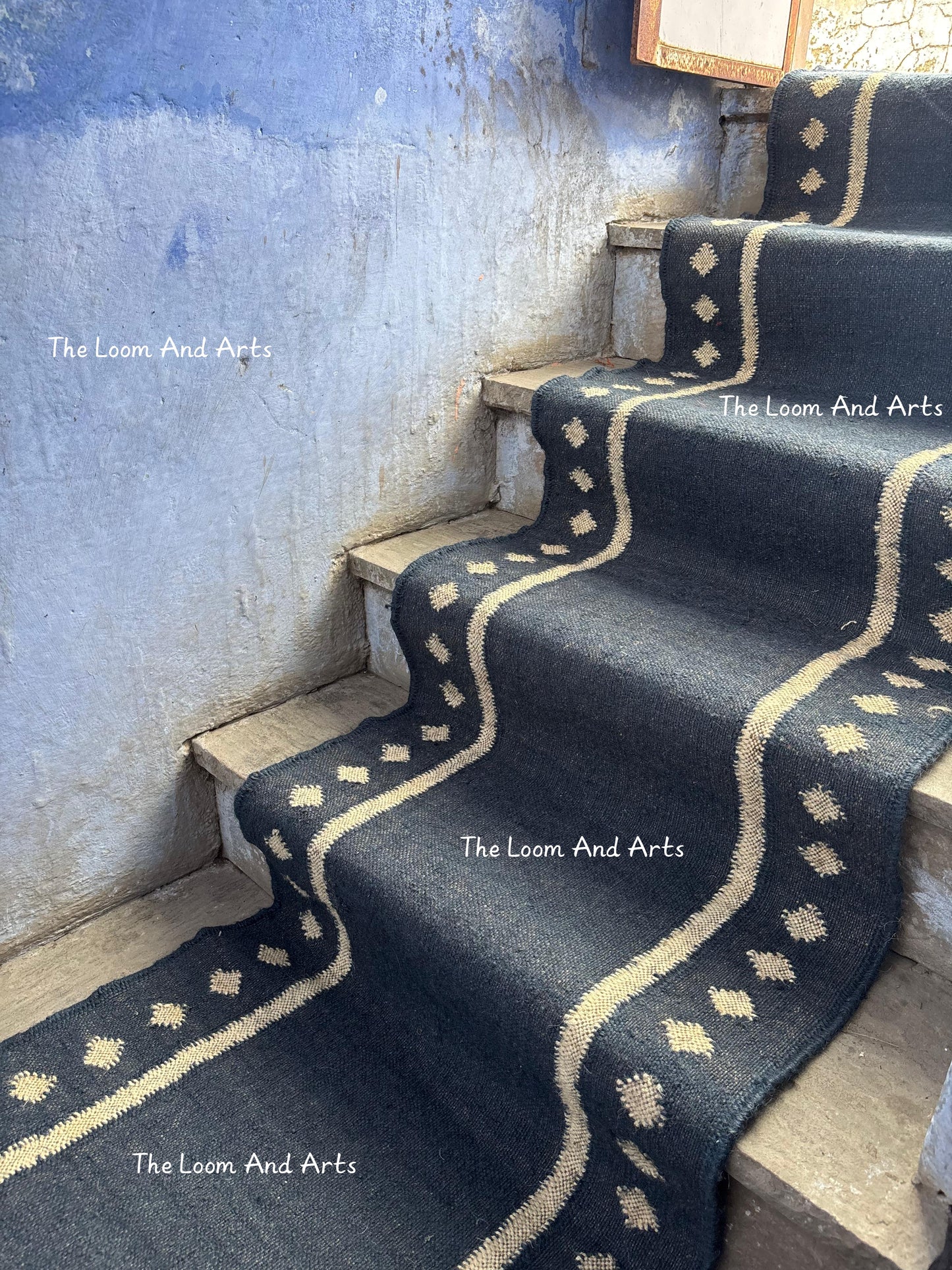 Navy Blue Jute Stair Runner, Staircase Runner Rug, Floral Stair Runner