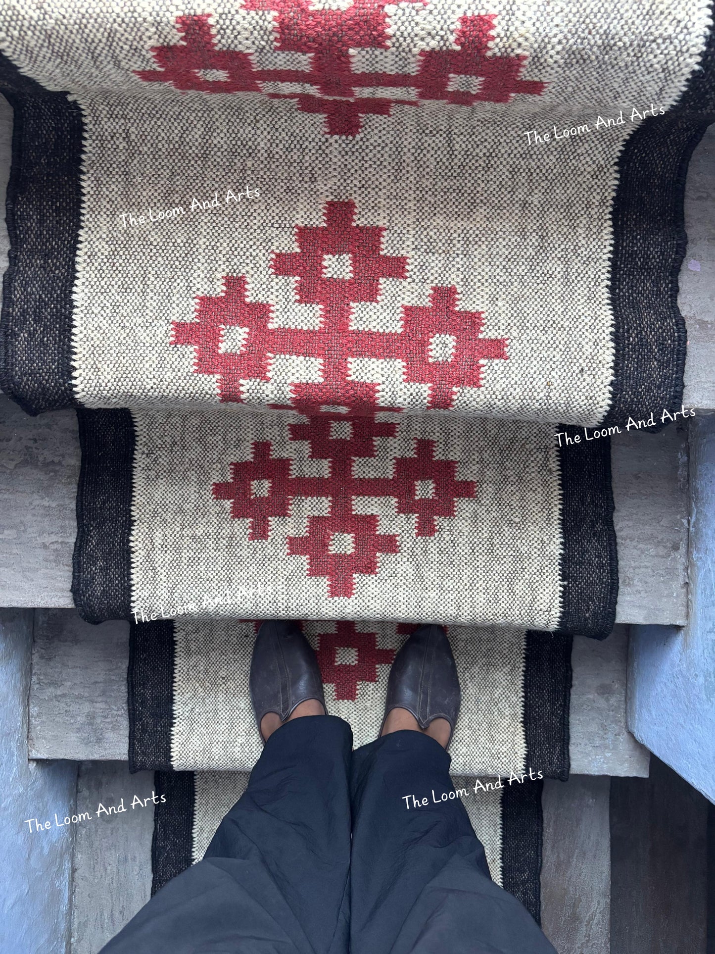 Red Jute Stair Runner, Staircase Runner Rug, Floral Stair Runner