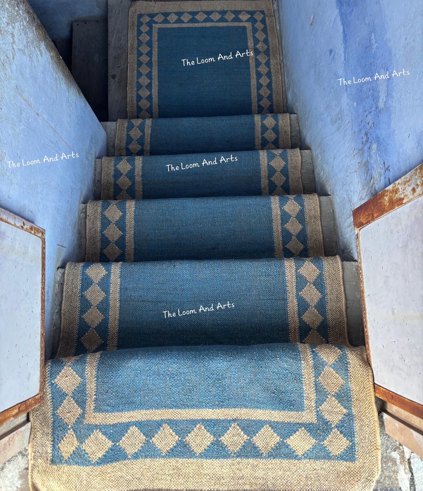Blue Jute Stair Runner, Staircase Runner Rug, Floral Stair Runner