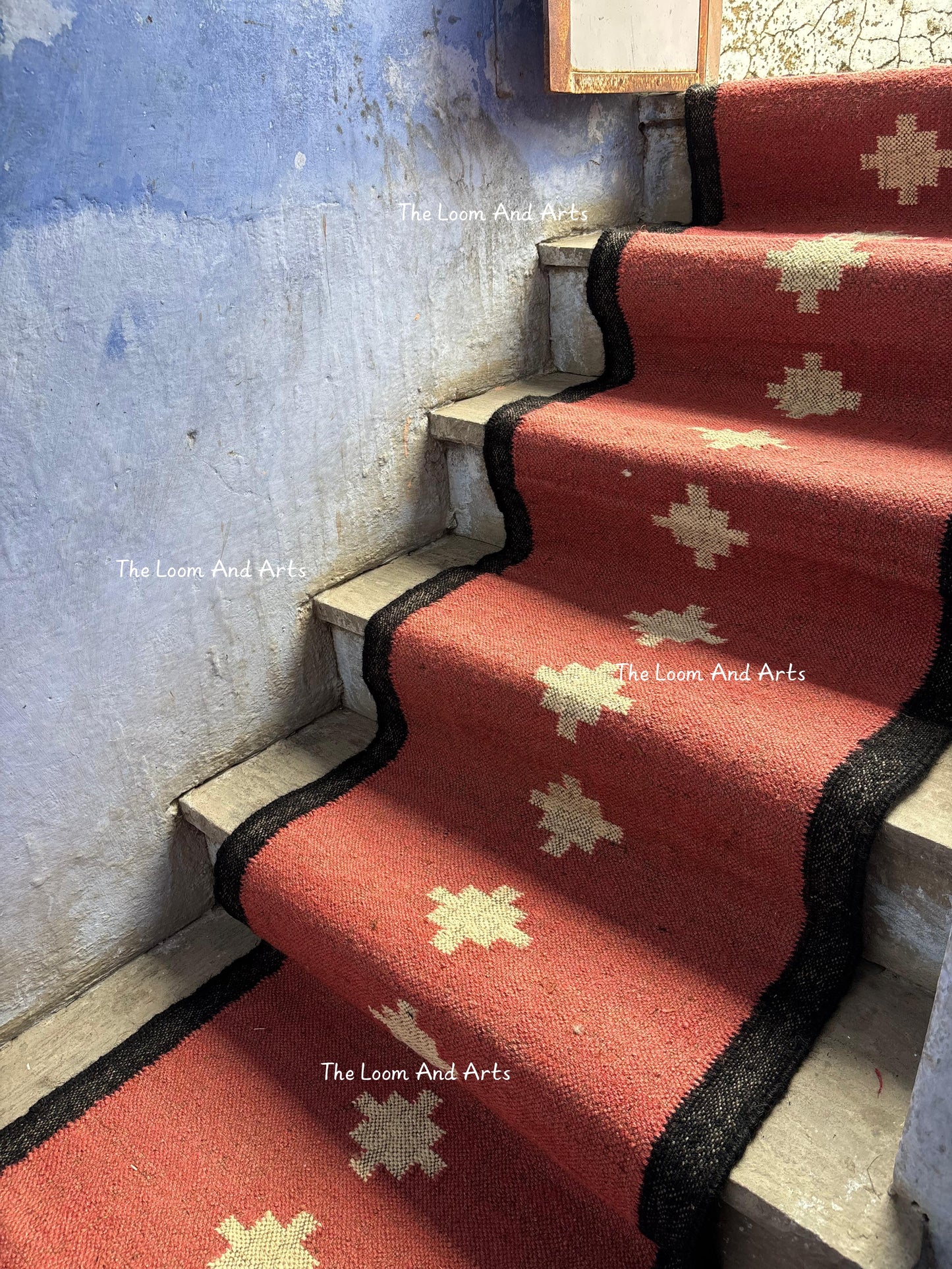 Red Jute Stair Runner, Staircase Runner Rug, Floral Stair Runner