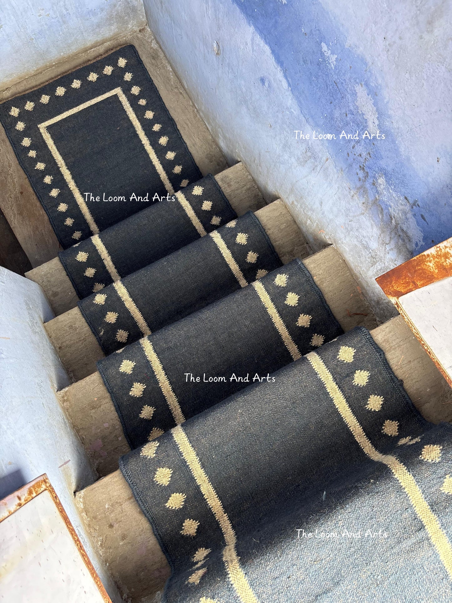 Navy Blue Jute Stair Runner, Staircase Runner Rug, Floral Stair Runner