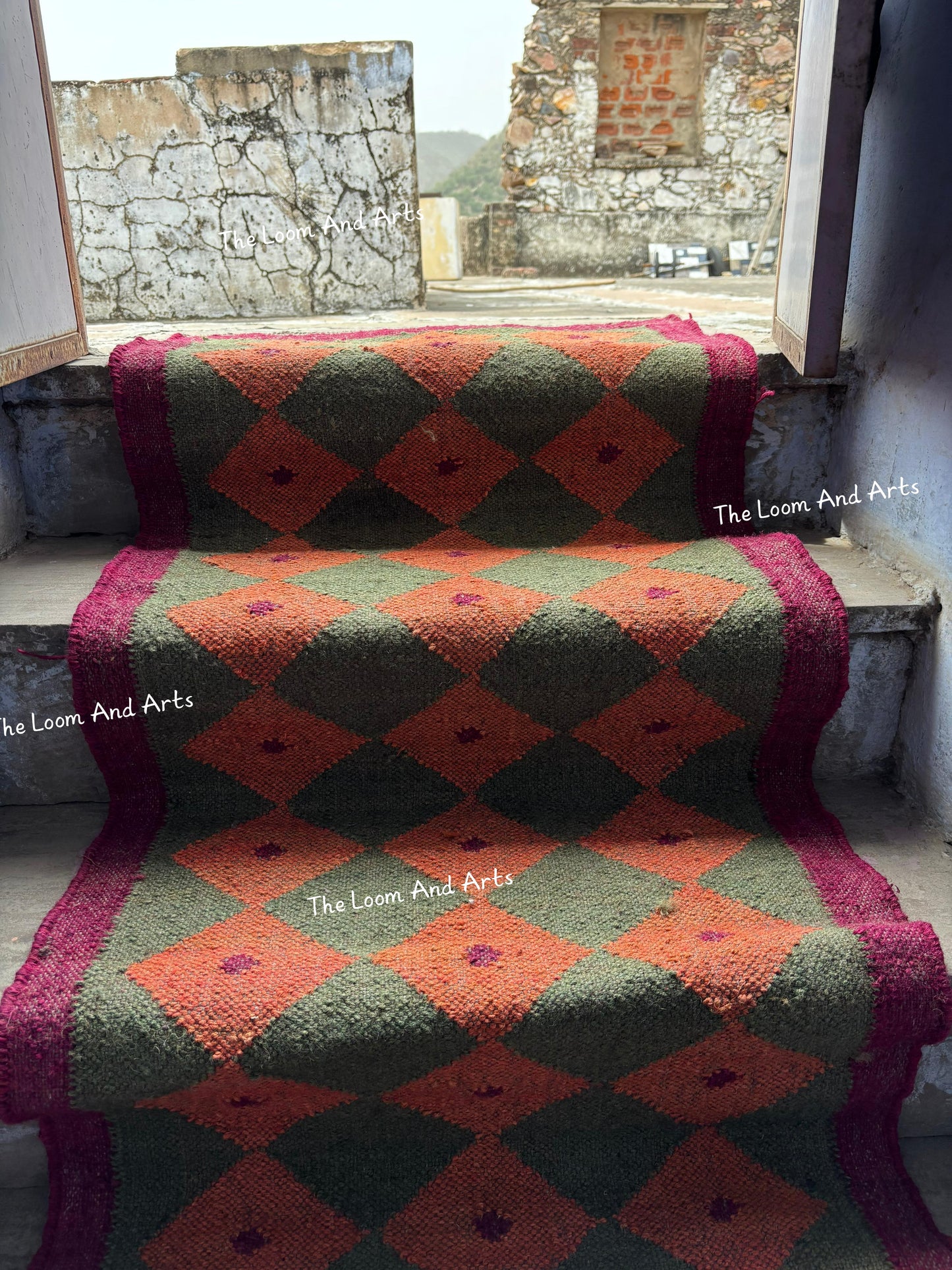 Green Jute Stair Runner, Staircase Runner Rug, Tribal Stair Runner