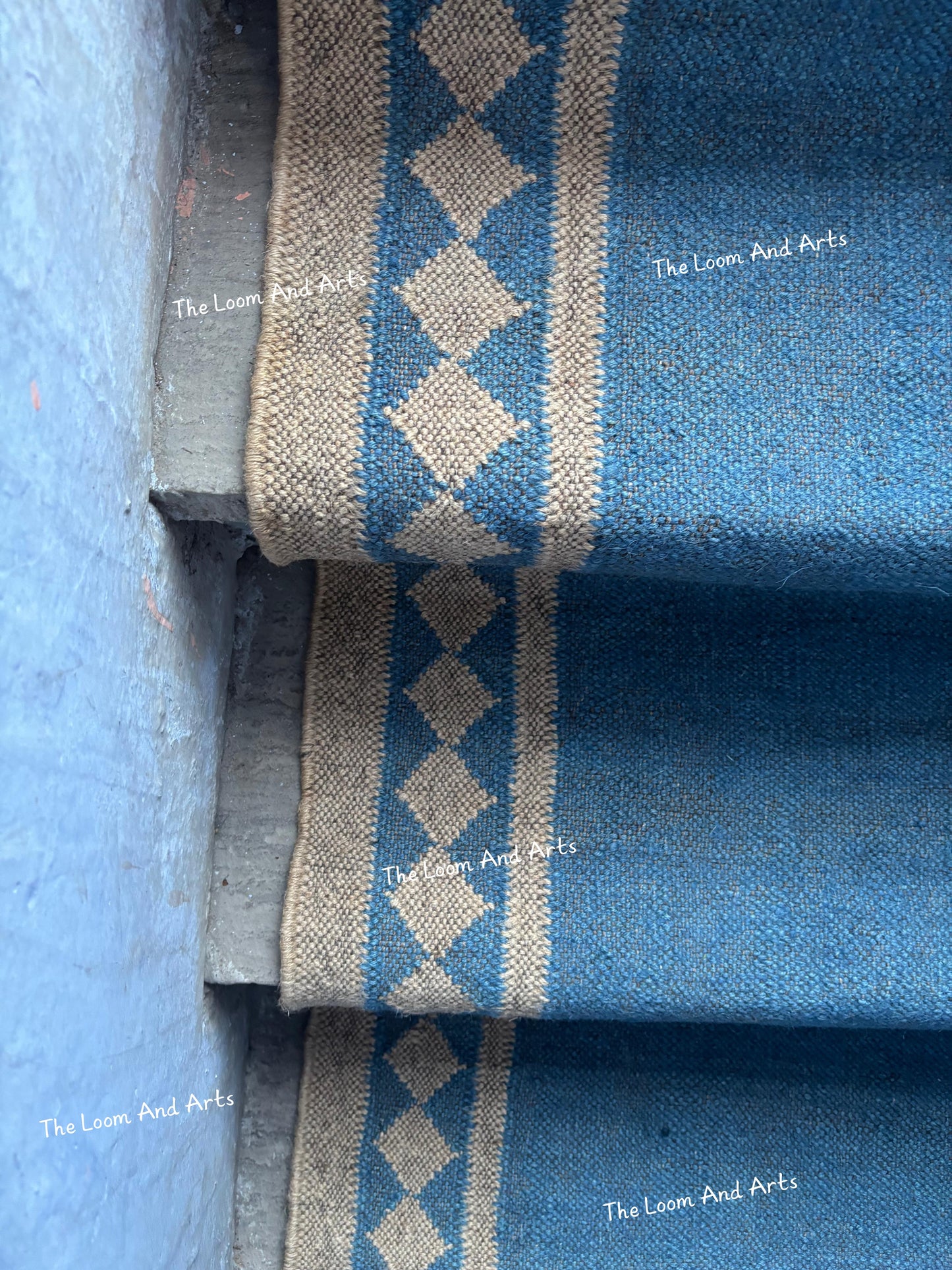 Blue Jute Stair Runner, Staircase Runner Rug, Floral Stair Runner