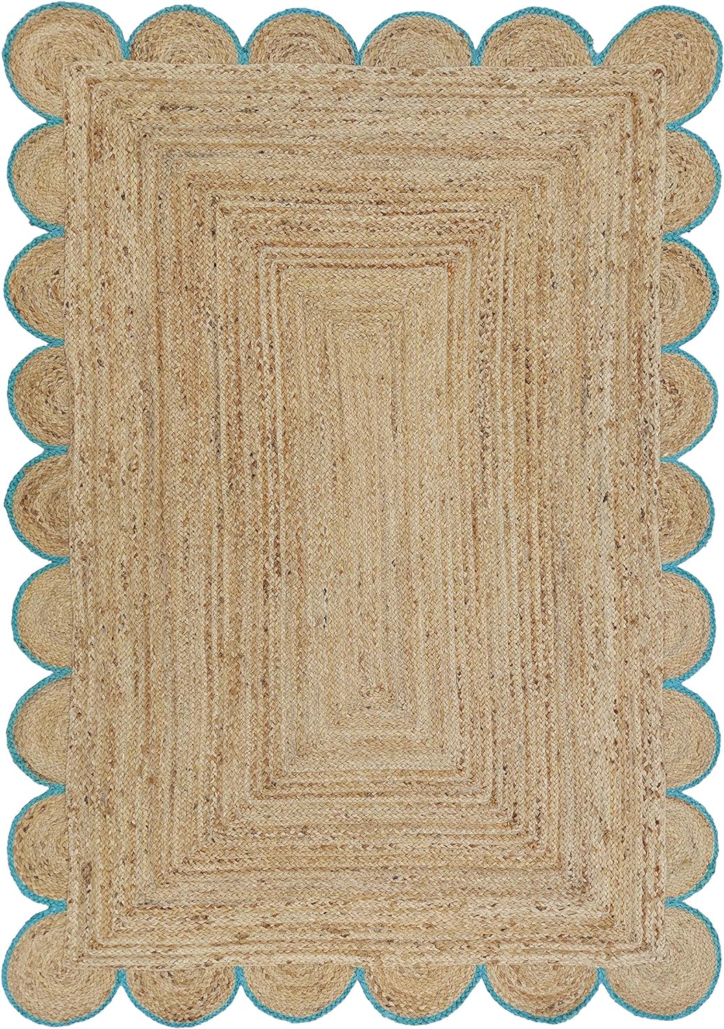 Sky Blue Scalloped Jute Rug, Natural Jute Rug, Sky Blue Jute  Rug, Blue Braided Jute Rug