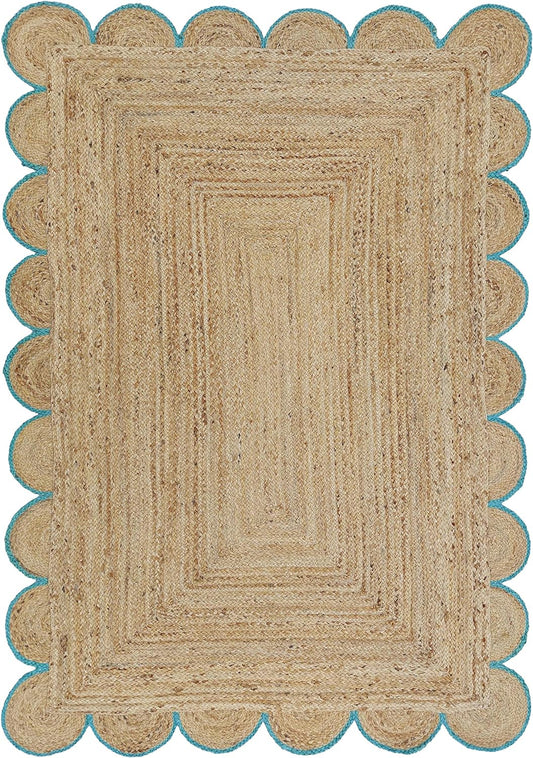 Sky Blue Scalloped Jute Rug, Natural Jute Rug, Sky Blue Jute  Rug, Blue Braided Jute Rug