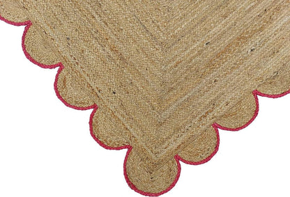 Red Scalloped Jute Rug, Natural Jute Rug, Red Jute Area Rug, Red Braided Jute Rug