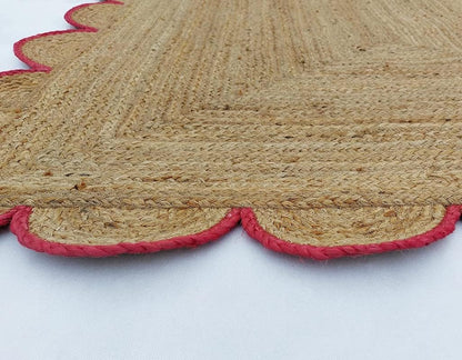 Red Scalloped Jute Rug, Natural Jute Rug, Red Jute Area Rug, Red Braided Jute Rug