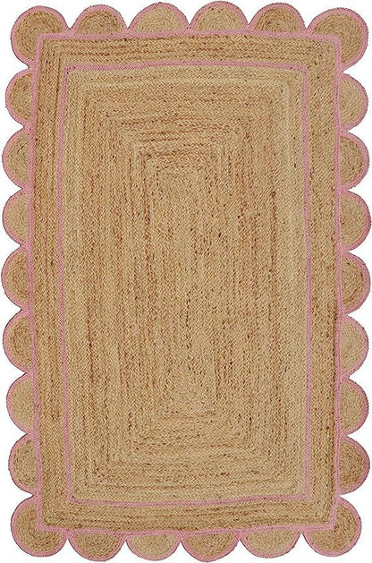 Pink Scalloped Jute Rug, Natural Jute Rug, Pink Jute Rug, Pink Braided Jute Rug, Jute Bedroom Rug