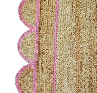 Pink Scalloped Jute Rug, Natural Jute Rug, Pink Jute Rug, Pink Braided Jute Rug, Jute Bedroom Rug