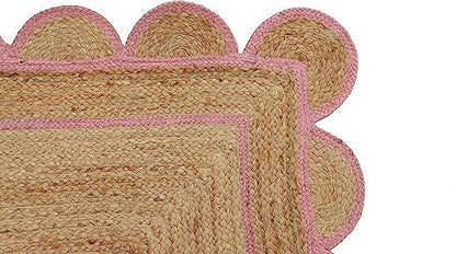 Pink Scalloped Jute Rug, Natural Jute Rug, Pink Jute Rug, Pink Braided Jute Rug, Jute Bedroom Rug