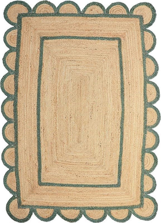 Green Scalloped Jute Rug, Green Scallop Rug, Natural Jute Rug, Jute Area Rug, Boho Jute Rug, Green Jute Rug