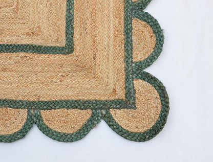 Green Scalloped Jute Rug, Green Scallop Rug, Natural Jute Rug, Jute Area Rug, Boho Jute Rug, Green Jute Rug