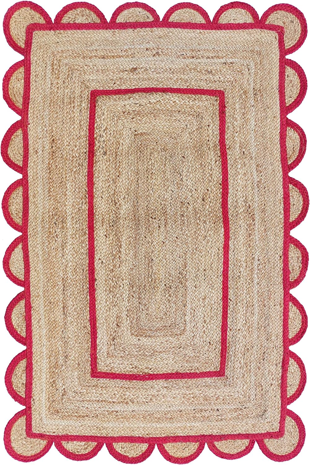 Red Scalloped Jute Rug, Natural Jute Rug, Red Jute Area Rug, Red Braided Jute Rug