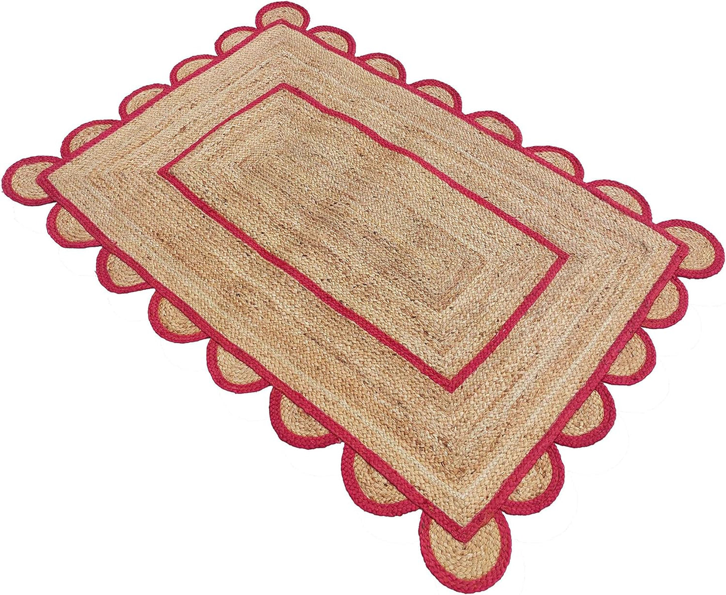 Red Scalloped Jute Rug, Natural Jute Rug, Red Jute Area Rug, Red Braided Jute Rug