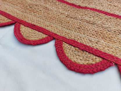 Red Scalloped Jute Rug, Natural Jute Rug, Red Jute Area Rug, Red Braided Jute Rug