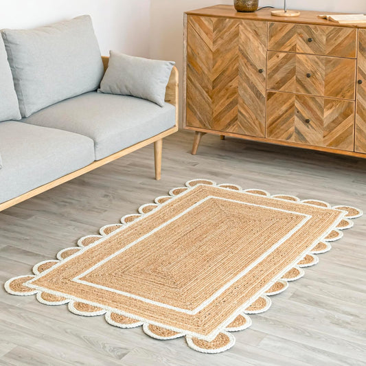 Scalloped Jute Rug, White Scallop Rug, Natural Jute Rug, Jute Area Rug, BohoJute Rug, Custom Size Rug, Jute Area Rug