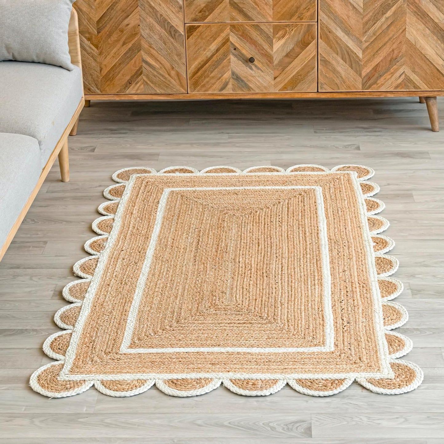 Scalloped Jute Rug, White Scallop Rug, Natural Jute Rug, Jute Area Rug, BohoJute Rug, Custom Size Rug, Jute Area Rug