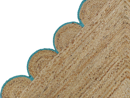 Sky Blue Scalloped Jute Rug, Natural Jute Rug, Sky Blue Jute  Rug, Blue Braided Jute Rug