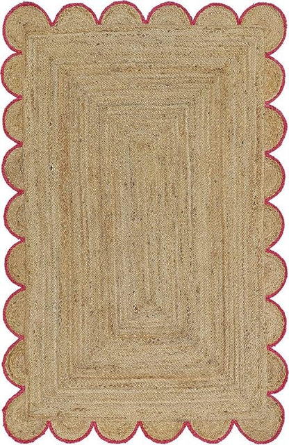 Red Scalloped Jute Rug, Natural Jute Rug, Red Jute Area Rug, Red Braided Jute Rug