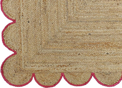 Red Scalloped Jute Rug, Natural Jute Rug, Red Jute Area Rug, Red Braided Jute Rug