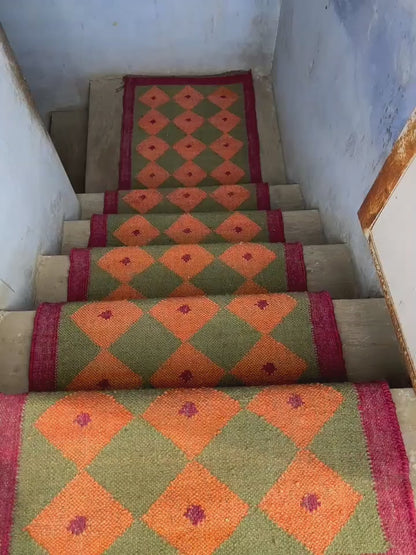 Green Jute Stair Runner, Staircase Runner Rug, Tribal Stair Runner