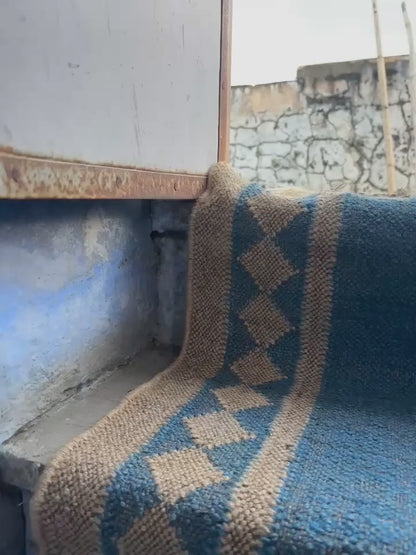 Blue Jute Stair Runner, Staircase Runner Rug, Floral Stair Runner