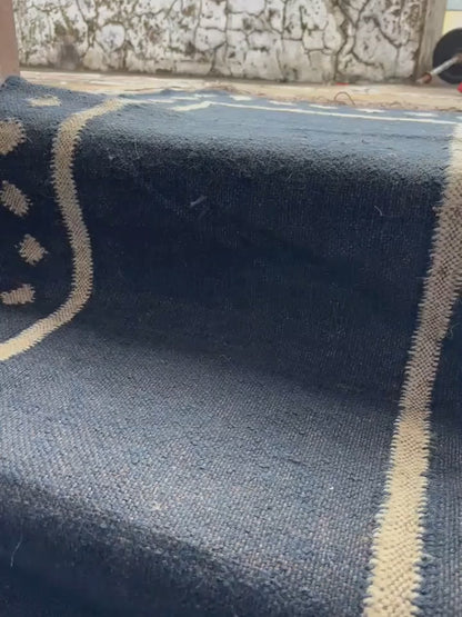 Navy Blue Jute Stair Runner, Staircase Runner Rug, Floral Stair Runner
