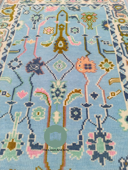 Blue Oushak Rug 9x12, Livingroom Sky Blue Oushak Rug, Blue Bedroom Oushak Rug 9x12, 8x10 Oushak, 9x12 Oushak Area Rug, Light Blue Oushak