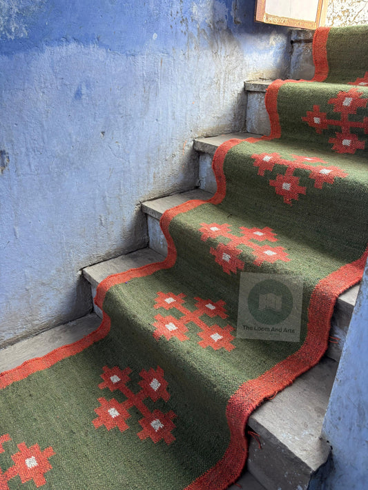 Jute Stair Runner, Green Staircase Rug, Floral Stairs Rug
