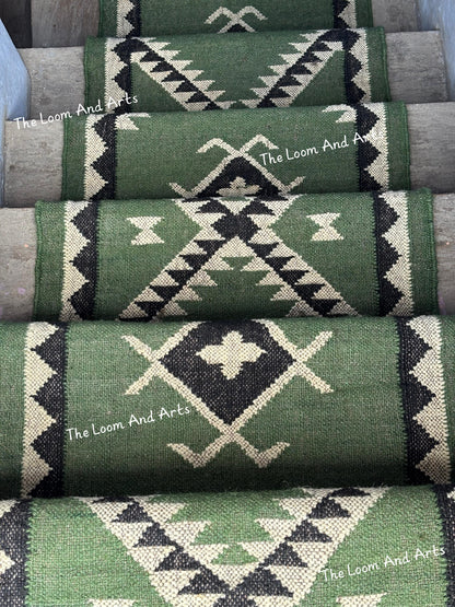 Green Jute Stair Runner, Staircase Runner Rug, Tribal Stair Runner