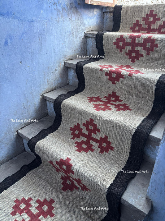 Red Jute Stair Runner, Staircase Runner Rug, Floral Stair Runner
