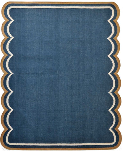 Denim Blue Scalloped Rug, Indoor Scallop Rug 9x12, Flatweave Royal Blue Rug 8x10