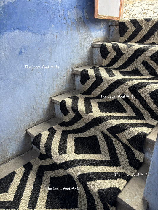 Black And White Jute Stair Runner, Modern Stair Runner, Floral Stair Rug