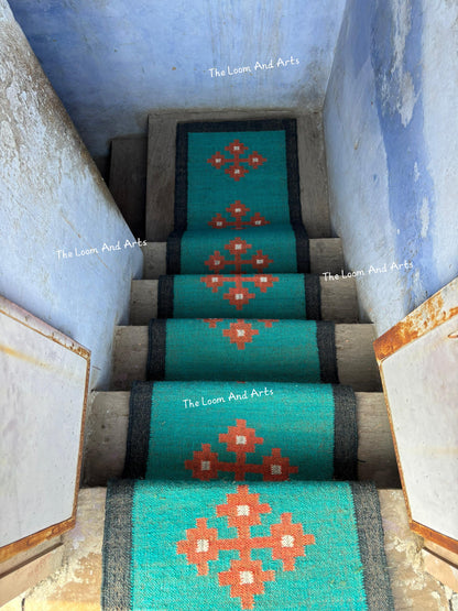 Sky Blue Jute Stair Runner, Staircase Runner Rug, Floral Stair Runner