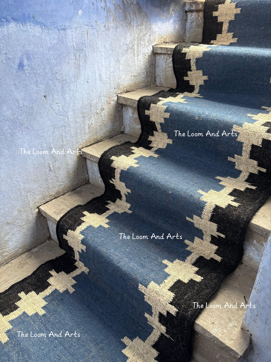 Blue Jute Stair Runner, Staircase Runner Rug, Floral Stair Runner