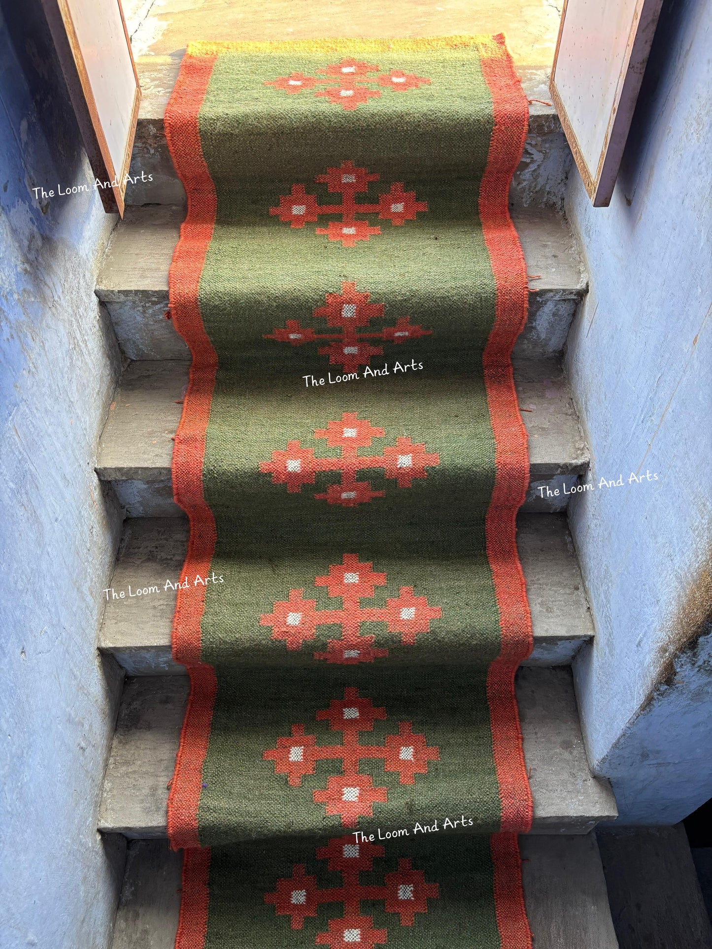 Jute Stair Runner, Green Staircase Rug, Floral Stairs Rug