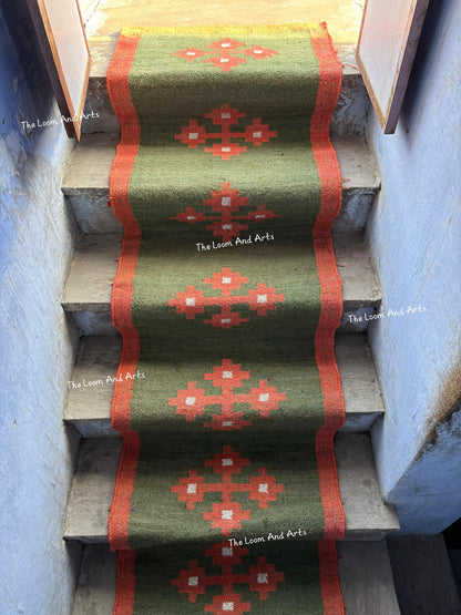 Jute Stair Runner, Green Staircase Rug, Floral Stairs Rug