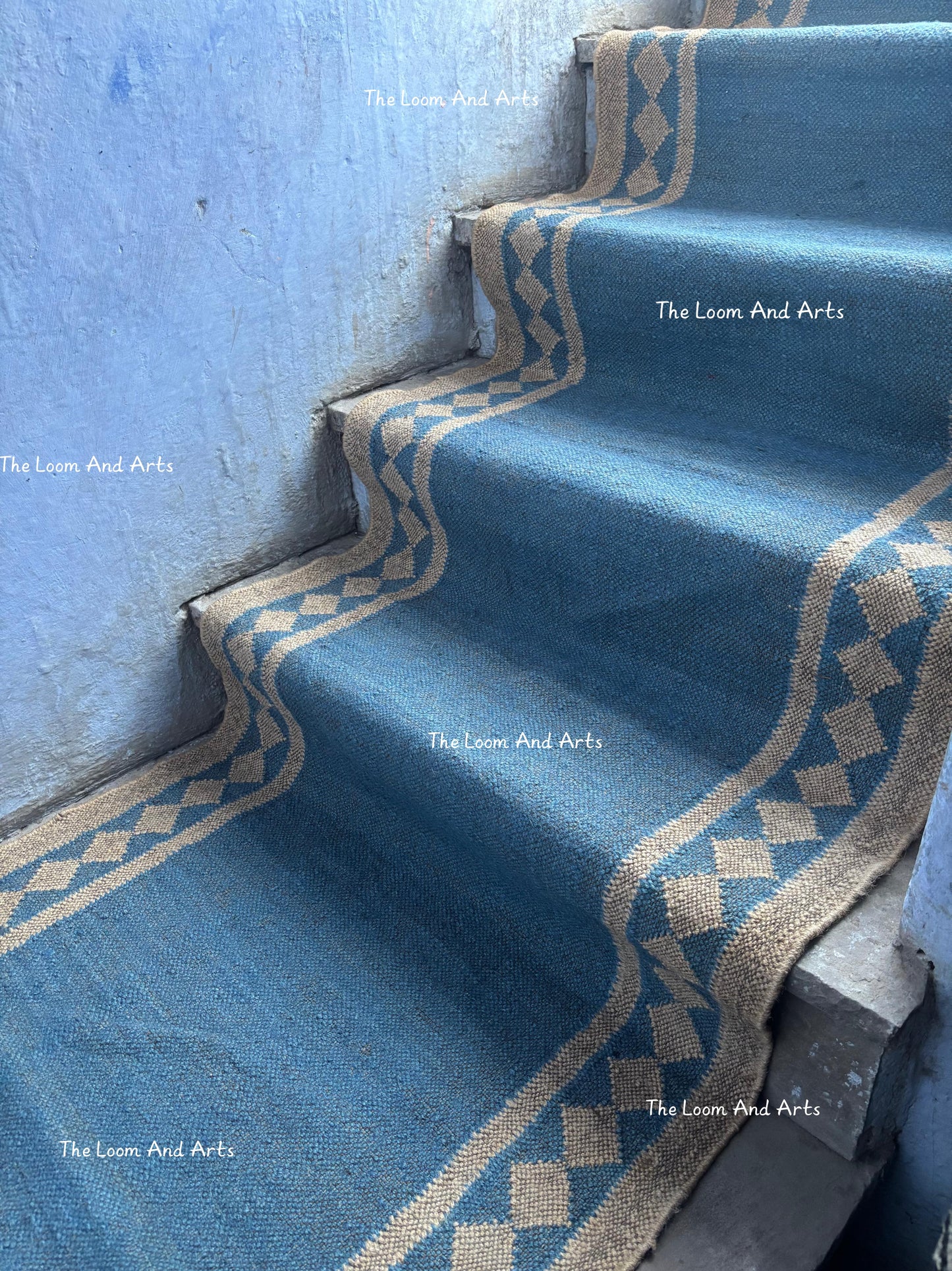 Blue Jute Stair Runner, Staircase Runner Rug, Floral Stair Runner