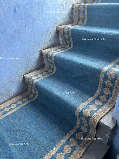 Blue Jute Stair Runner, Staircase Runner Rug, Floral Stair Runner