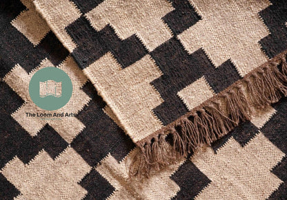 Jute Kilim Rug 9x12, Black And White Kilim Rug, Wool Jute Rug