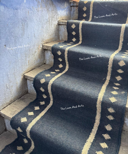 Navy Blue Jute Stair Runner, Staircase Runner Rug, Floral Stair Runner