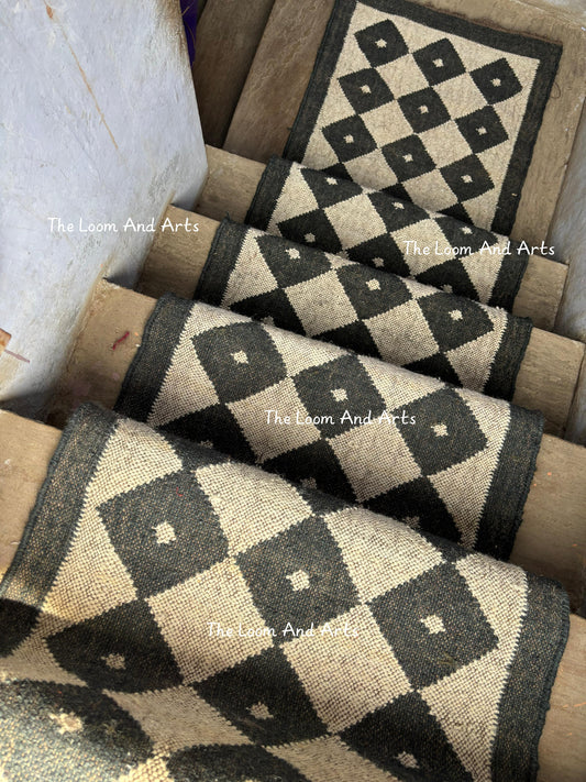 Black And White Jute Stair Runner, Modern Stair Runner, Floral Stair Rug