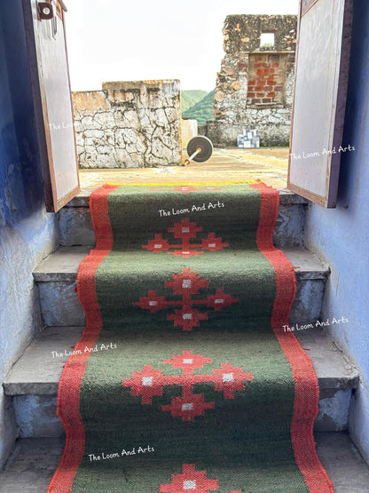 Jute Stair Runner, Green Staircase Rug, Floral Stairs Rug