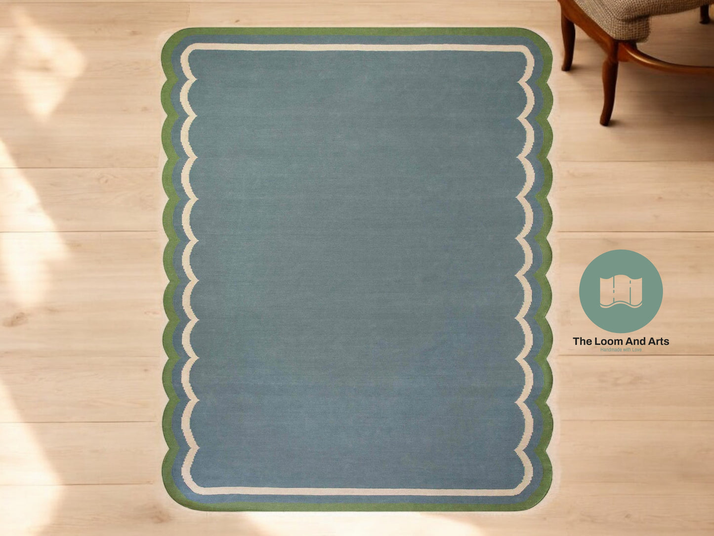 Flatweave Scallop Rug 9x12, Wool Scallop Rug, Modern Scallop 9x12, Green Border Scallop Rug