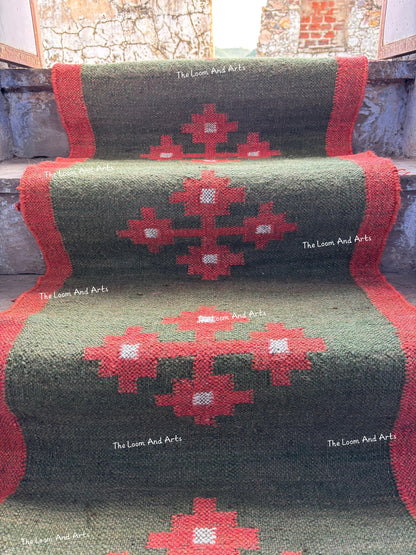 Jute Stair Runner, Green Staircase Rug, Floral Stairs Rug