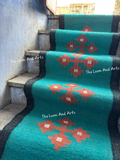 Sky Blue Jute Stair Runner, Staircase Runner Rug, Floral Stair Runner