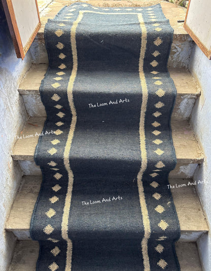 Navy Blue Jute Stair Runner, Staircase Runner Rug, Floral Stair Runner