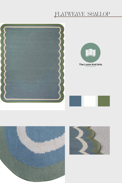 Flatweave Scallop Rug 9x12, Wool Scallop Rug, Modern Scallop 9x12, Green Border Scallop Rug