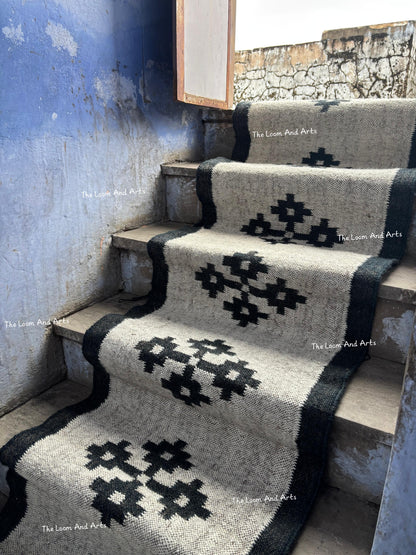 Navy Blue Jute Stair Runner, Staircase Rug, Floral Stair Rug